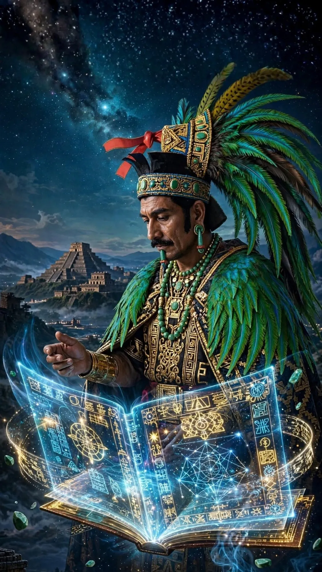 Nezahualcóyotl con penacho de plumas de quetzal, frente a un libro de pinturas luminoso y una pirámide bajo el cielo nocturno.